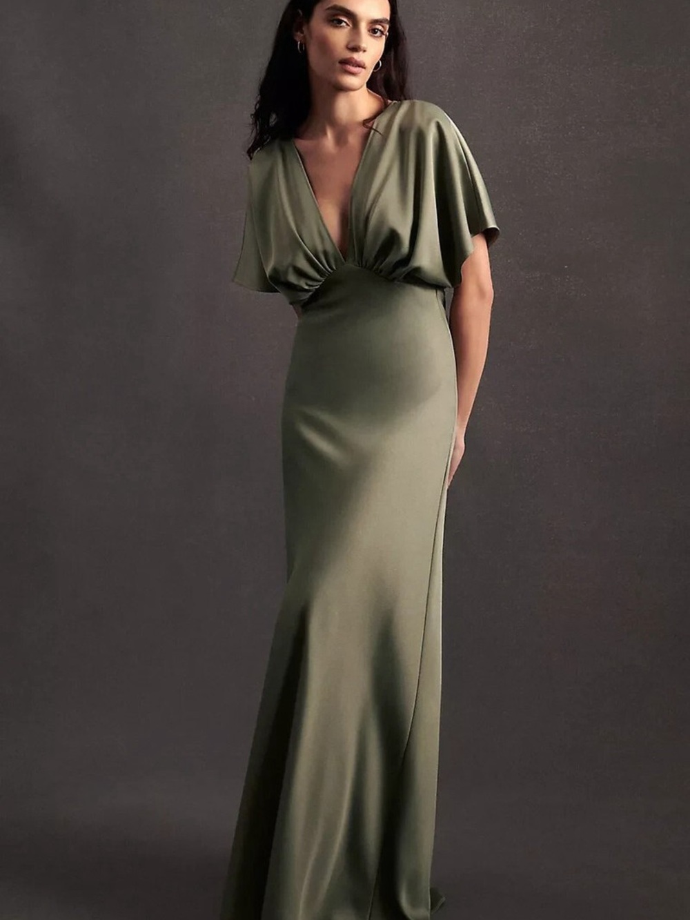 BHLDN Leila Deep-V Flutter-Sleeve Satin A-Line Gown